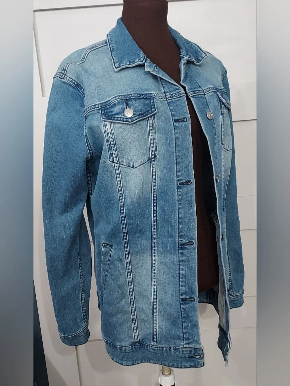 LuLaRoe Light and Dark Blue Denim Jacket with Multicolor Aztec Back Xl